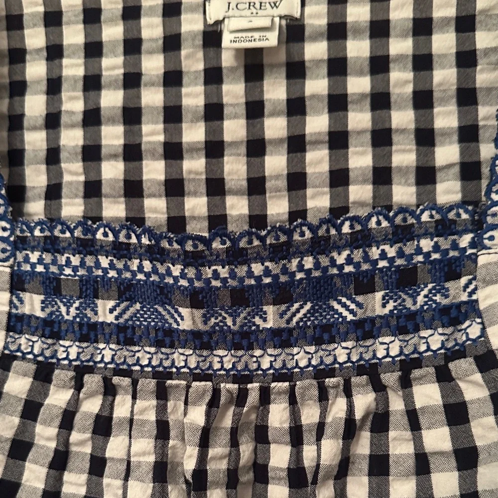 J. Crew Navy and White Checkered Blouse with Embroidery - Preloved